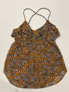 Lily White Crisscross Strap Ruffle Camisole in Blue, Mustard, Brown Pattern M